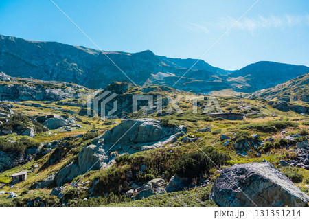 Mountain view of the Rila Mountains in Bulgaria. Seven Rila Lake hike. Eco trails. Connection with nature. Mountain view of the Rila Mountains in Bulgaria. Seven Rila Lake hike. Eco trails. Connection with nature. 131351214