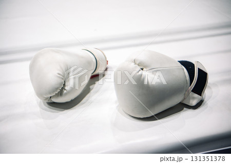 Two white boxing gloves resting on a clean surface. The gloves are made of leather and have a smooth finish, suitable for training or competition. Two white boxing gloves resting on a clean surface. The gloves are made of leather and have a smooth finish, suitable for training or competition. 131351378