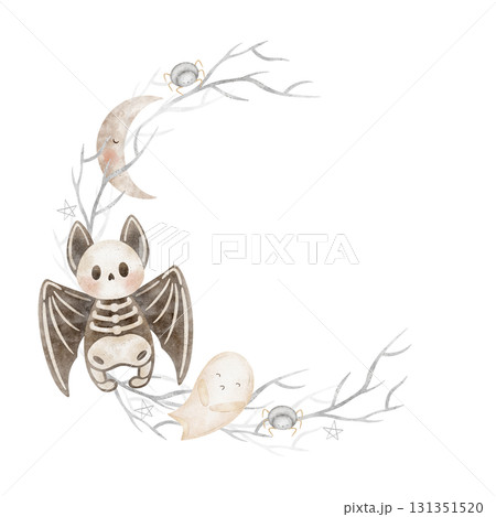 Halloween wreath bat skeleton, moon, ghost, spider, branches. Hand-drawn watercolor illustration frame in childish style, isolated from background for designing invitations, cards, templates, posters 131351520