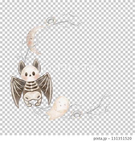 Halloween wreath bat skeleton, moon, ghost, spider, branches. Hand-drawn watercolor illustration frame in childish style, isolated from background for designing invitations, cards, templates, posters 131351520