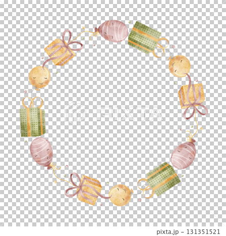 Wreath balloons, gift boxes flying around. Hand-drawn watercolor Halloween illustration frame in childish style, isolated from background for designing invitations, cards, templates, posters birthday Wreath balloons, gift boxes flying around. Hand-drawn watercolor Halloween illustration frame in childish style, isolated from background for designing invitations, cards, templates, posters birthday 131351521