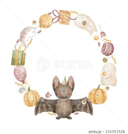 Wreath bat, ghost, pumpkin, balloons, gifts, sweets, cauldron. Hand drawn watercolor Halloween illustration frame in childish style, isolated from background for designing invitations, cards templates Wreath bat, ghost, pumpkin, balloons, gifts, sweets, cauldron. Hand drawn watercolor Halloween illustration frame in childish style, isolated from background for designing invitations, cards templates 131351526
