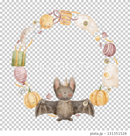 Wreath bat, ghost, pumpkin, balloons, gifts, sweets, cauldron. Hand drawn watercolor Halloween illustration frame in childish style, isolated from background for designing invitations, cards templates Wreath bat, ghost, pumpkin, balloons, gifts, sweets, cauldron. Hand drawn watercolor Halloween illustration frame in childish style, isolated from background for designing invitations, cards templates 131351526