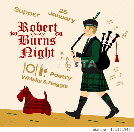 Robert Burns Night 25th January, United Kingdom Scotland background vintage invitation illustration a musician with bagpipes and dog 131351549