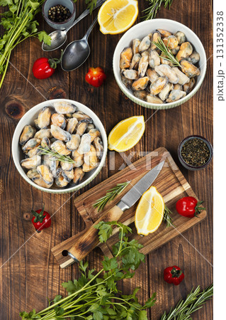 Frozen mussels without a shell. Frozen mussels without a shell. 131352338