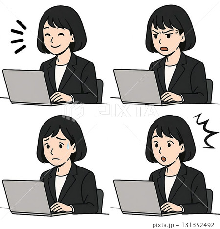 パソコン作業中のビジネスウーマン表情セット パソコン作業中のビジネスウーマン表情セット 131352492