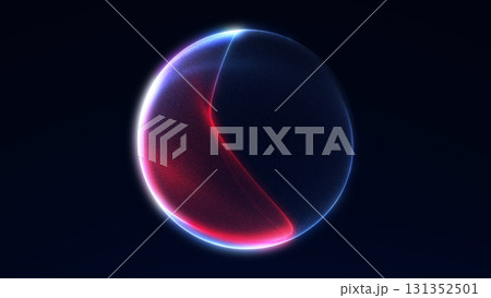 Bright red and blue abstract glowing sphere with flowing light energy and particle wave lines. Futuristic luminous orb on dark background. Bright red and blue abstract glowing sphere with flowing light energy and particle wave lines. Futuristic luminous orb on dark background. 131352501