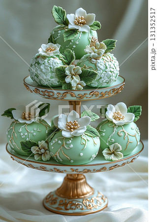 Various cakes in green tones on dessert stand with soft lighting. 131352517