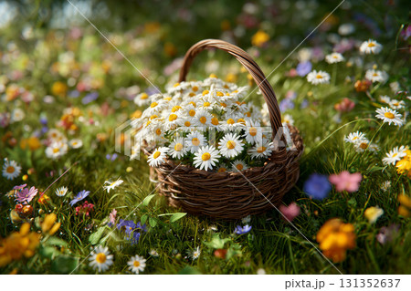 Basket of Daisies in a Lush Field of Wildflowers Basket of Daisies in a Lush Field of Wildflowers 131352637