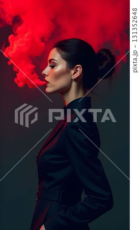 Confident woman exhaling colorful smoke in an artistic studio setting during evening hours Confident woman exhaling colorful smoke in an artistic studio setting during evening hours 131352648