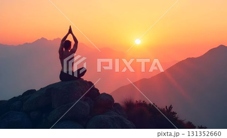 Practicing yoga at sunset on a mountain top surrounded by stunning natural beauty 131352660