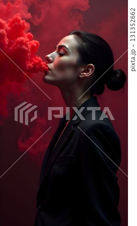 Dramatic portrait of a woman exhaling red smoke in a dark setting capturing an artistic expression of power and emotion 131352662