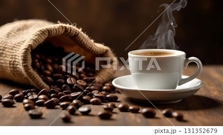 Enjoying freshly brewed coffee from a steaming cup beside spilled beans in a warm, cozy setting 131352679