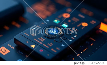 Innovative audio mixing device displayed with intricate controls and colorful lighting in a modern studio environment 131352704