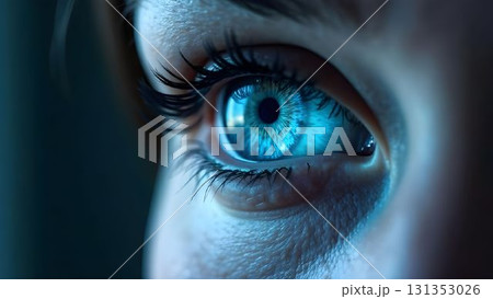 Close-up view of a woman's eye showcasing vibrant blue iris and long eyelashes in soft lighting 131353026