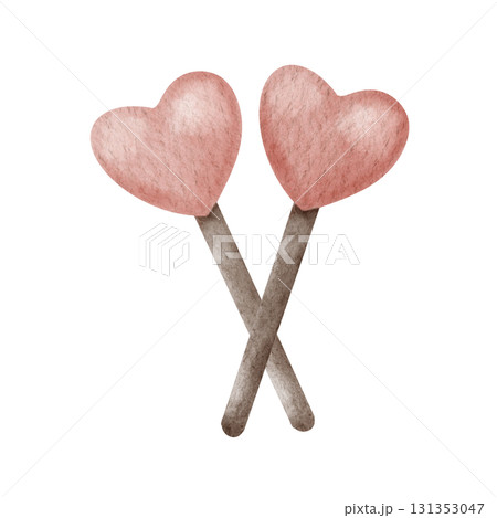 Watercolor illustration of two pink heart shaped lollipops crossed together. Hand drawn illustration in a cute style isolated on a background. Perfect for Valentines Day designs, romantic cards 131353047