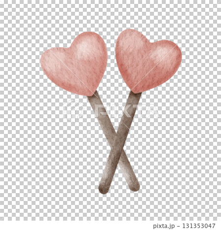 Watercolor illustration of two pink heart shaped lollipops crossed together. Hand drawn illustration in a cute style isolated on a background. Perfect for Valentines Day designs, romantic cards 131353047