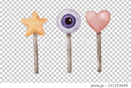 Halloween trick or treat candy set. Lollipops on a stick of star, eye and heart shape. Hand drawn watercolor illustration in a cute style isolated on a background. For party invitations, decorations 131353049