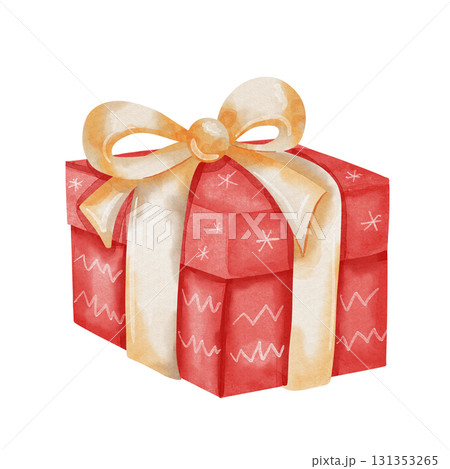 Red gift box tied with gold bow. Watercolor illustration of gift container isolated on white background 131353265