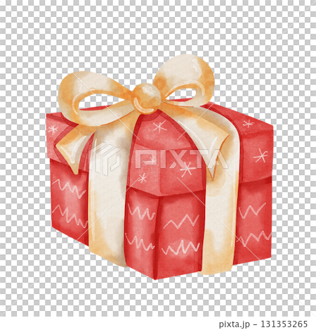 Red gift box tied with gold bow. Watercolor illustration of gift container isolated on white background Red gift box tied with gold bow. Watercolor illustration of gift container isolated on white background 131353265