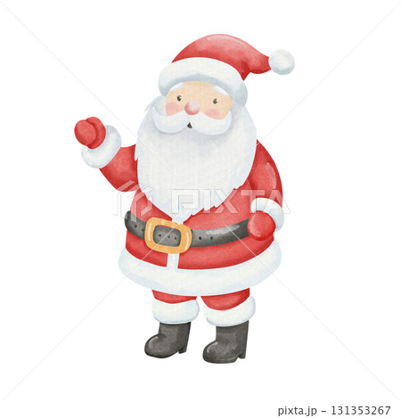 Cute watercolor illustration of Santa Claus waving his hand in greeting. Traditional costume and Christmas character in red hat, children illustration. Symbol of the New Year. 131353267