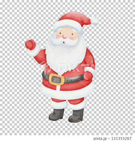 Cute watercolor illustration of Santa Claus waving his hand in greeting. Traditional costume and Christmas character in red hat, children illustration. Symbol of the New Year. 131353267