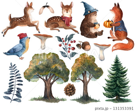 Watercolor set with fawns, bear cub, fly agaric, acorn, and autumn leaves, perfect for textiles, wallpapers, cards Watercolor set with fawns, bear cub, fly agaric, acorn, and autumn leaves, perfect for textiles, wallpapers, cards 131353391