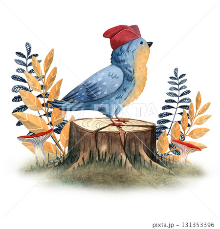 Watercolor titmouse on stump with green branch background, ideal for cards, posters, nursery prints, and nature inspired designs 131353396