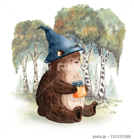 Watercolor baby bear in blue hat on birch forest clearing background, ideal for nursery prints, cards, storybooks 131353398