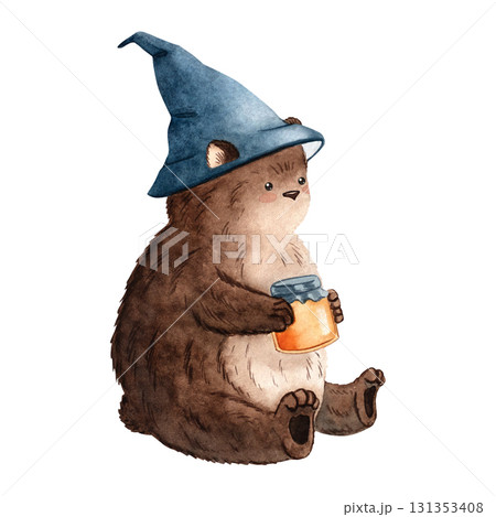 Watercolor baby bear in blue hat holding honey jar, perfect for nursery prints, cards, patterns, and childrens projects 131353408
