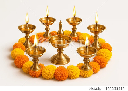 Diwali Lamps and Marigold Flowers for Festival and Celebration Photography 131353412