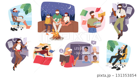 Diverse people characters using VR goggles while working and study isolated cartoon scene set 131353854