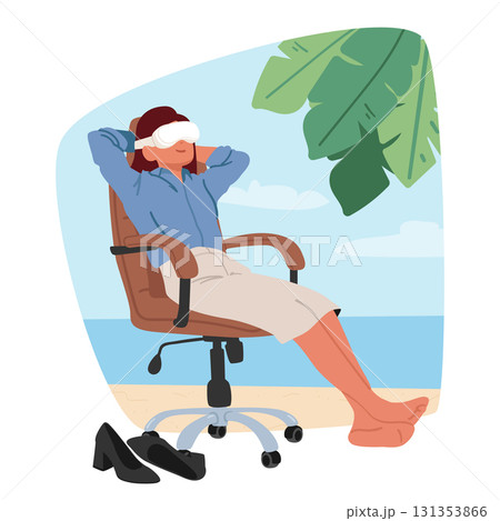 Young businesswoman wearing VR goggles relaxing using at tropical beach simulator for stress relief 131353866