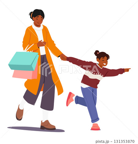 Mother and daughter enjoying Christmas shopping sales walking together outdoors isolated on white 131353870