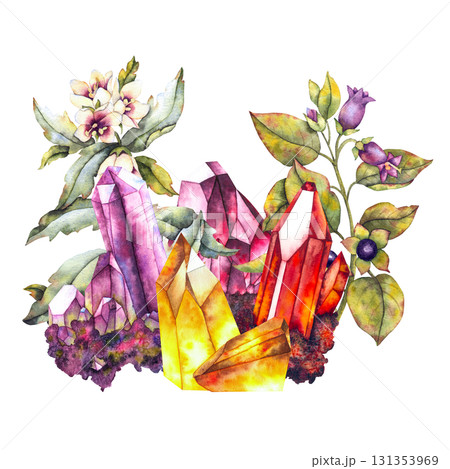 Watercolor illustration of vibrant crystals amethyst ruby citrine surrounded by poisonous plants henbane and belladonna. for esoteric branding packaging tarot textiles and metaphysical design. 131353969