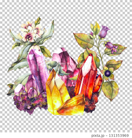 Watercolor illustration of vibrant crystals amethyst ruby citrine surrounded by poisonous plants henbane and belladonna. for esoteric branding packaging tarot textiles and metaphysical design. Watercolor illustration of vibrant crystals amethyst ruby citrine surrounded by poisonous plants henbane and belladonna. for esoteric branding packaging tarot textiles and metaphysical design. 131353969