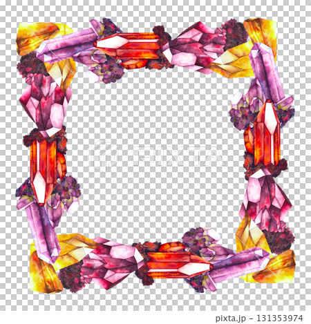 Watercolor illustration of four types of crystals: amethyst purple, ruby red, garnet deep red, and citrine golden yellow, each depicted with textures frame wreath. For esoteric and magical designs. Watercolor illustration of four types of crystals: amethyst purple, ruby red, garnet deep red, and citrine golden yellow, each depicted with textures frame wreath. For esoteric and magical designs. 131353974