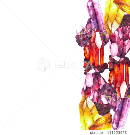 Watercolor illustration of four types of crystals: amethyst purple, ruby red, garnet deep red, and citrine golden yellow, each depicted with textures frame wreath. For esoteric and magical designs. Watercolor illustration of four types of crystals: amethyst purple, ruby red, garnet deep red, and citrine golden yellow, each depicted with textures frame wreath. For esoteric and magical designs. 131353978