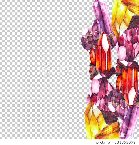 Watercolor illustration of four types of crystals: amethyst purple, ruby red, garnet deep red, and citrine golden yellow, each depicted with textures frame wreath. For esoteric and magical designs. Watercolor illustration of four types of crystals: amethyst purple, ruby red, garnet deep red, and citrine golden yellow, each depicted with textures frame wreath. For esoteric and magical designs. 131353978