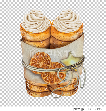 Watercolor illustration of Christmas trdelnik rolls with cream, wrapped in festive paper with dried orange slices and a star. for packaging winter menus recipe books postcards and bakery branding. 131353980