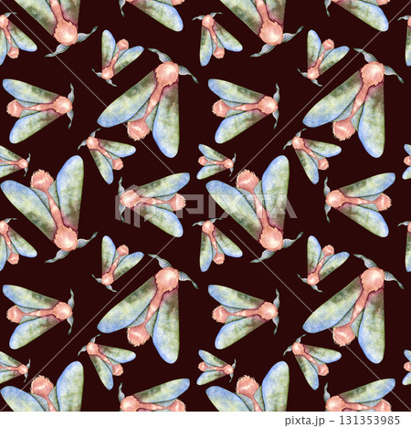 Seamless watercolor pattern featuring moths with soft green and blue wings and pink fluffy bodies in a naturalistic style. Ideal for textiles, stationery, packaging, wallpaper and gift products. 131353985