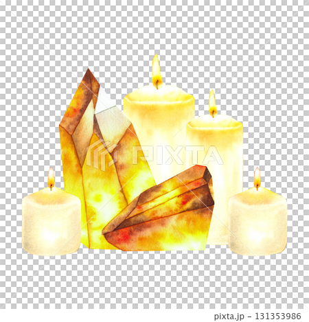 Watercolor illustration of glowing yellow citrine crystals with burning candles in a mystical style. Suitable for ritual design, magical branding, energy healing and esoteric product visuals. Watercolor illustration of glowing yellow citrine crystals with burning candles in a mystical style. Suitable for ritual design, magical branding, energy healing and esoteric product visuals. 131353986