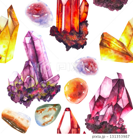 Seamless watercolor pattern featuring crystals and stones in violet, red, yellow, and green tones. Ideal for fabric, wallpaper, packaging, and esoteric-themed products. 131353987