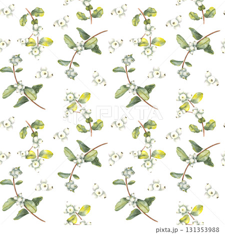 Watercolor illustration of a snowberry branch with white berries and green leaves seamless pattern in botanical style. for Christmas designs winter decor Advent calendar packaging and stationery. 131353988