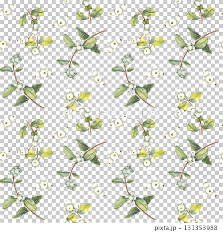 Watercolor illustration of a snowberry branch with white berries and green leaves seamless pattern in botanical style. for Christmas designs winter decor Advent calendar packaging and stationery. 131353988