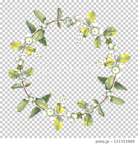 Watercolor illustration of a snowberry branch with white berries and green leaves wreath in botanical style. Ideal for Christmas designs, winter decor, Advent calendars, packaging, and stationery. 131353989