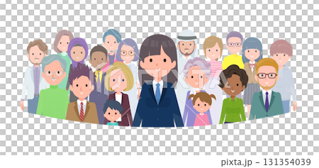 A set of female students in navy blue blazers standing in front of a crowd A set of female students in navy blue blazers standing in front of a crowd 131354039