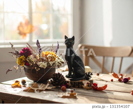 にぎやかな秋の黒猫ディスプレ 131354107