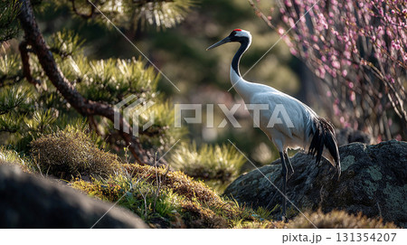 日本庭園の岩の上で優雅に立つタンチョウ（鶴）の姿 131354207