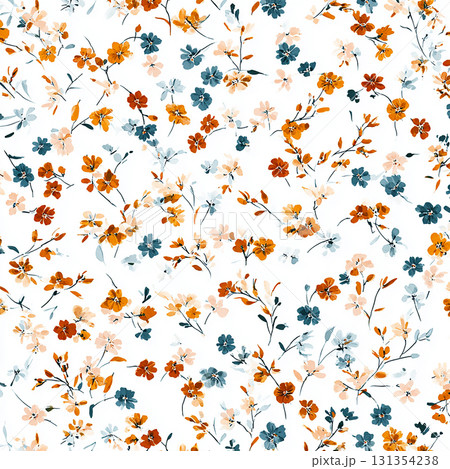 レトロな色合いの野花が咲き誇るボタニカルテクスチャ 131354238